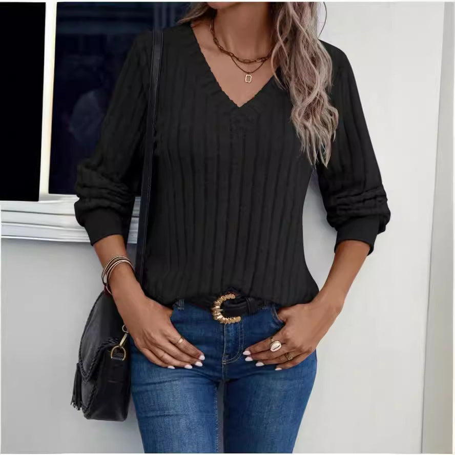 Damen Strickpullover mit V-Ausschnitt und dekorativen Rippdetails R&B