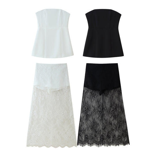 Damen Crop-Top und langer Spitzenrock Set R&B