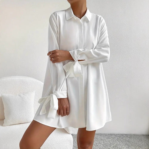 Damen Hemdblusenkleid mit eleganten Bändern an den Ärmeln R&B