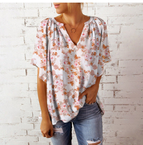 Damen Blusenshirt mit floralem Design und V-Ausschnitt R&B