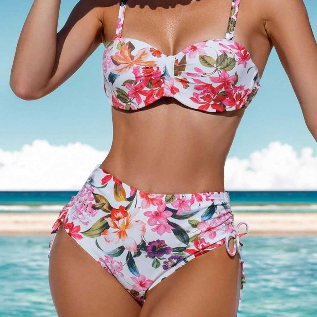 Damen Blumiger Balconette-Bikini mit Hohem Bund R&B