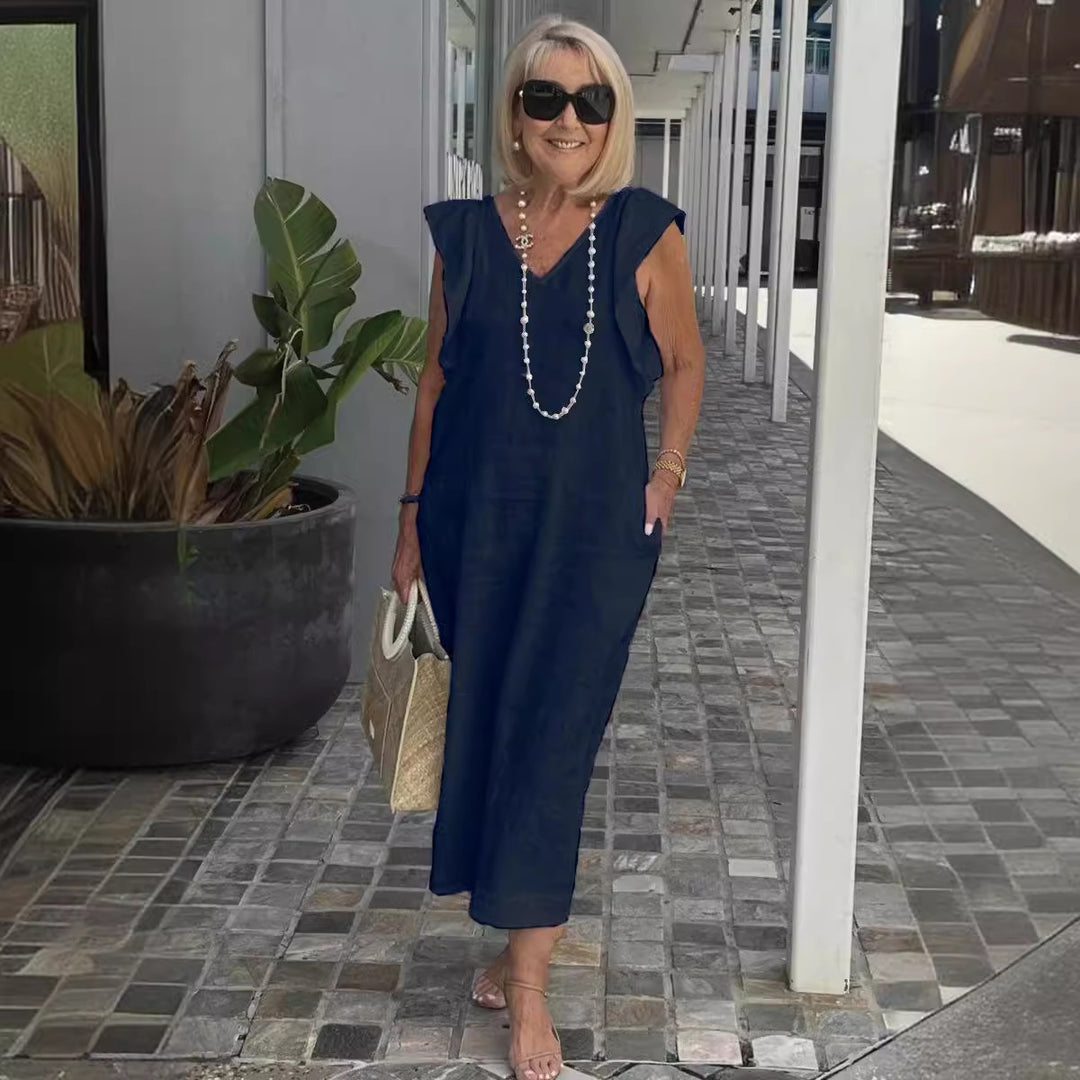 Damen Maxikleid mit V-Ausschnitt und angeschnittenem Ärmel R&B