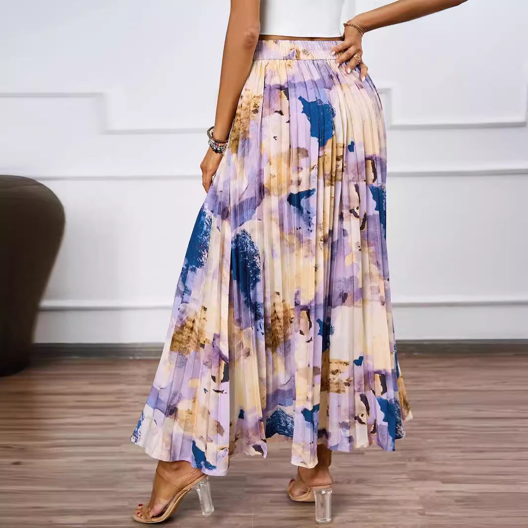 Damen Plissee-Rock mit farbenfrohem Aquarell-Muster und eleganter Taille R&B