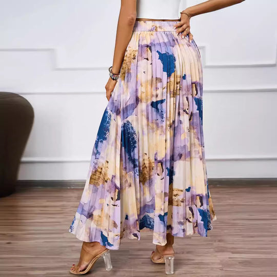 Damen Plissee-Rock mit farbenfrohem Aquarell-Muster und eleganter Taille R&B