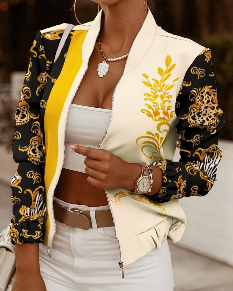 Damen Sportliche Bomberjacke mit Floralem Design und Kontrastierenden Ärmelakzenten R&B