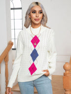Damen Strickpullover mit modernem Rautenmuster und Zopfmuster R&B