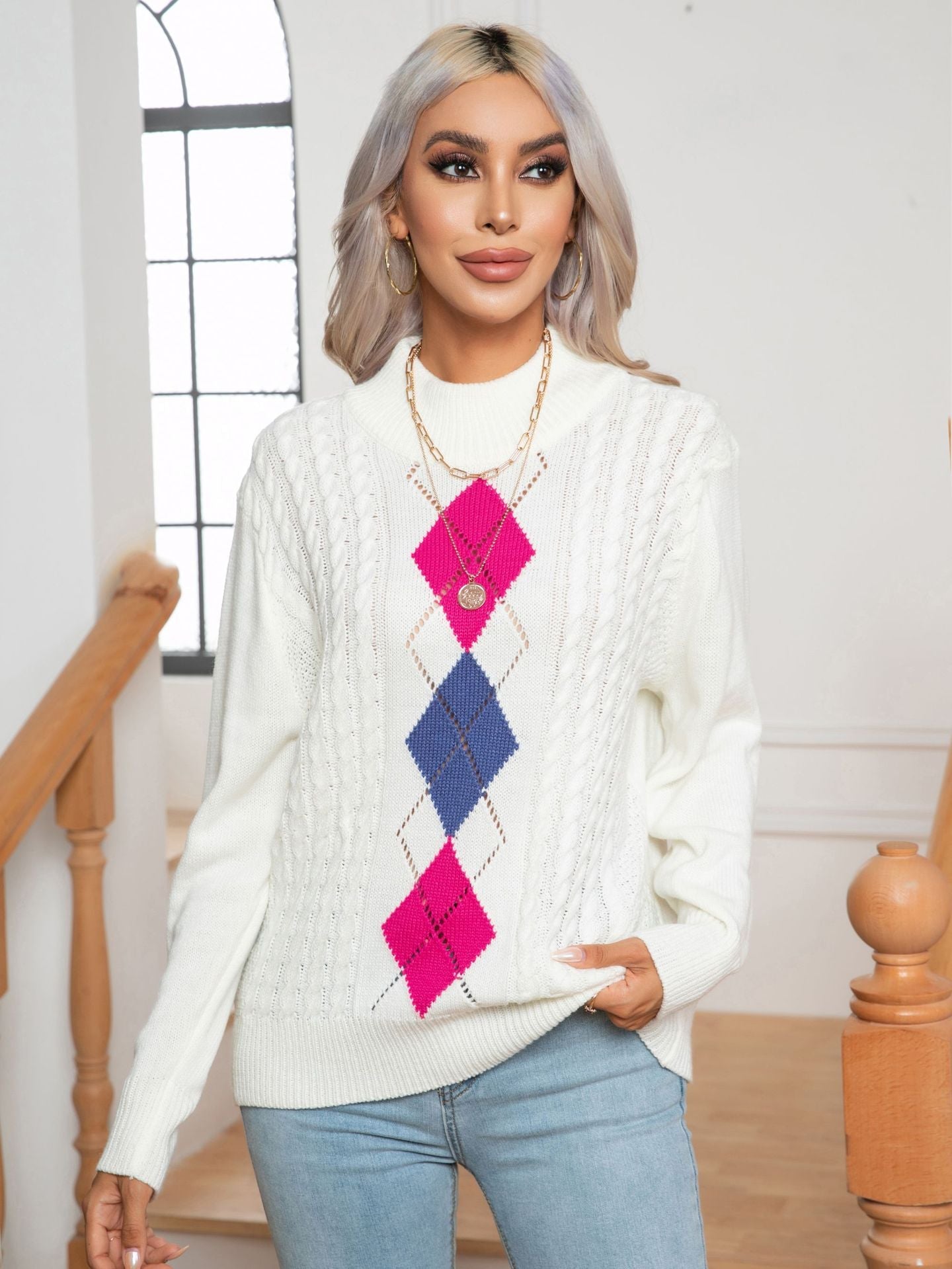 Damen Strickpullover mit modernem Rautenmuster und Zopfmuster R&B