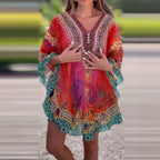 Damen nan kurzes Tunika-Kaftan mit verziertem V-Ausschnitt und floral-animalischer Bordüre R&B