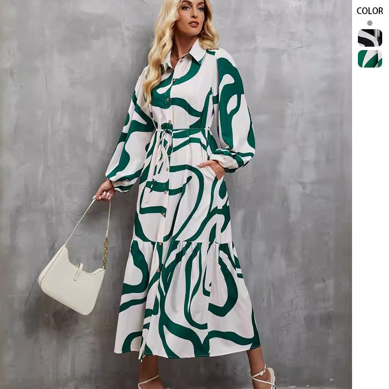 Damen Langarm Kleid mit raffiniertem Grafikdesign und elegantem Taillengürtel R&B
