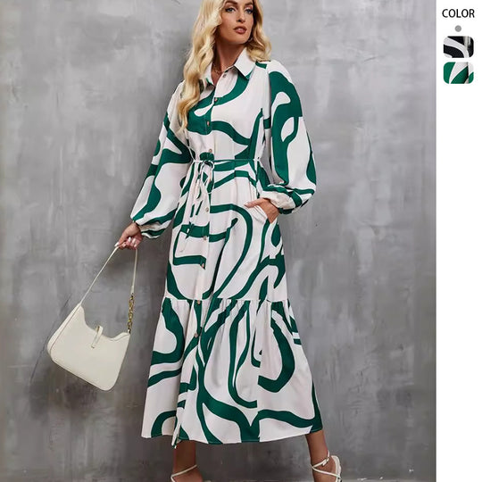 Damen Langarm Kleid mit raffiniertem Grafikdesign und elegantem Taillengürtel R&B
