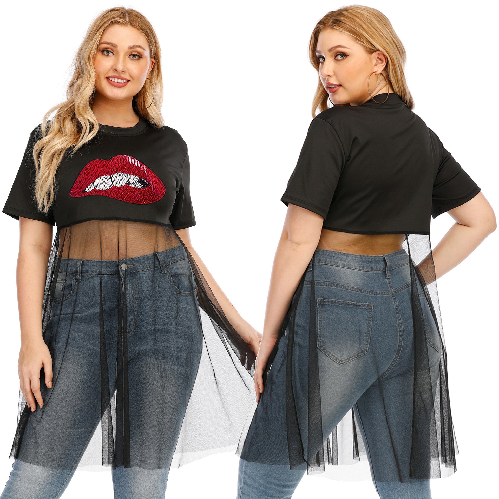 Damen modisches Crop-Top mit transparentem Überwurf und Glitzerbesatz R&B
