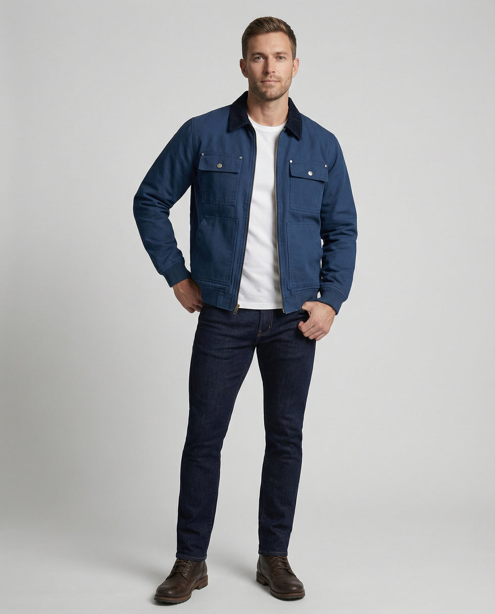 Herren robuste Worker-Jacke im Chore-Stil mit Cordkragen und aufgesetzten Pattentaschen R&B
