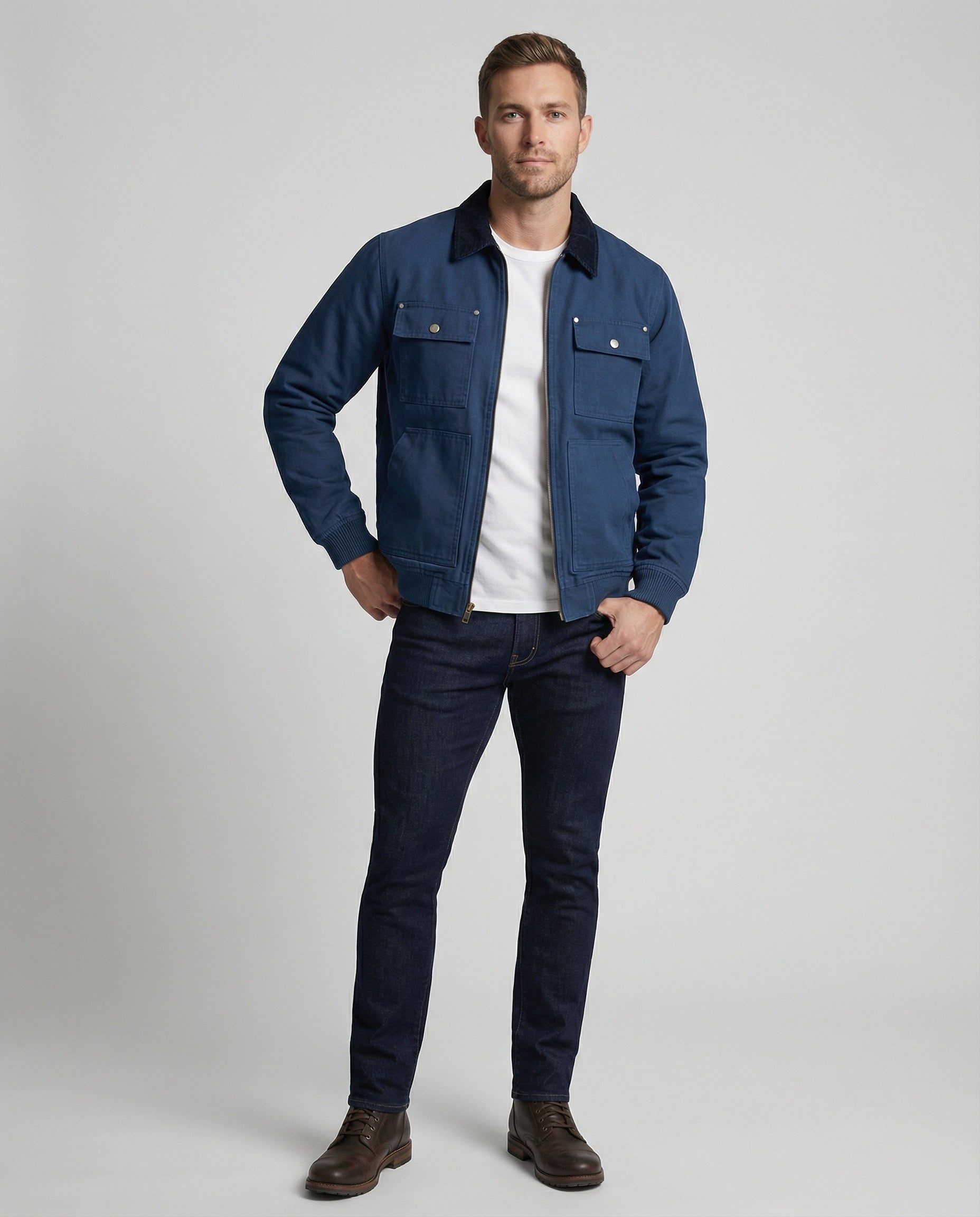 Herren robuste Worker-Jacke im Chore-Stil mit Cordkragen und aufgesetzten Pattentaschen R&B