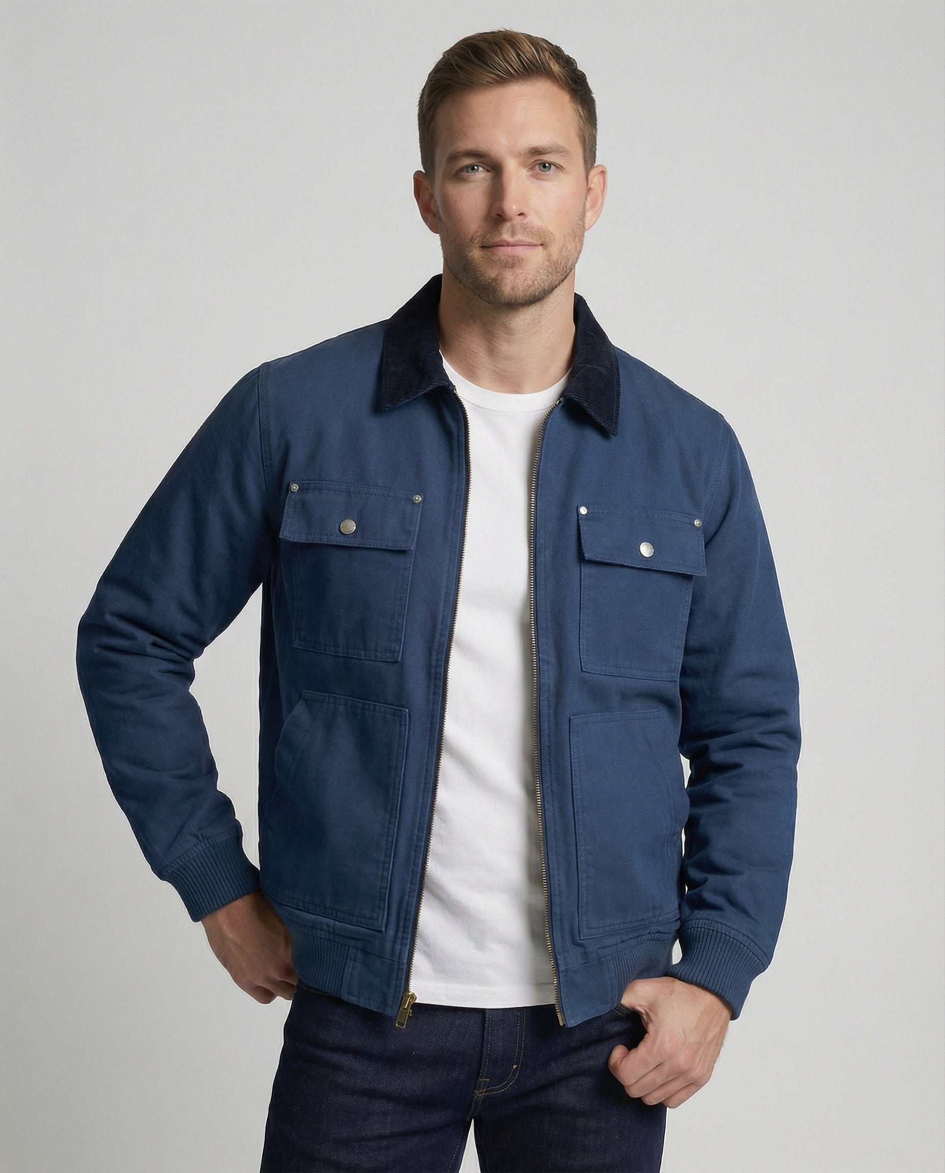Herren robuste Worker-Jacke im Chore-Stil mit Cordkragen und aufgesetzten Pattentaschen R&B