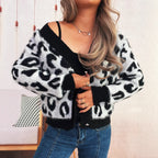 Damen oversized Strickjacke mit tierischem Leopardenmuster und knöpfbarem Design R&B