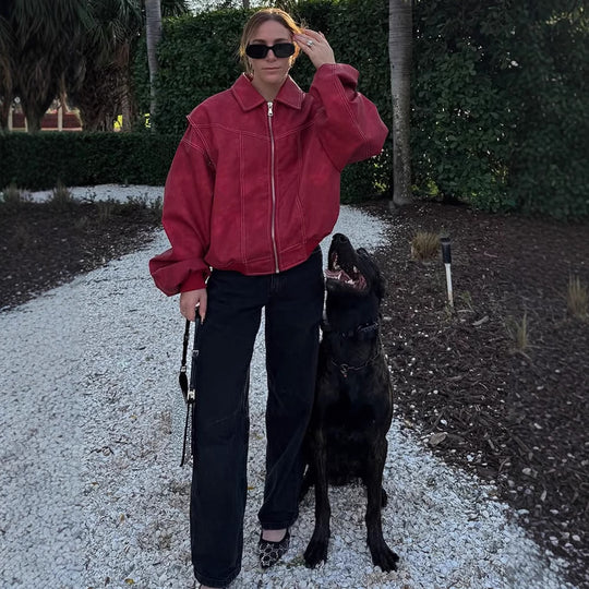 Damen Kunstlederjacke mit voluminösen Ärmeln und hohem Kragen R&B
