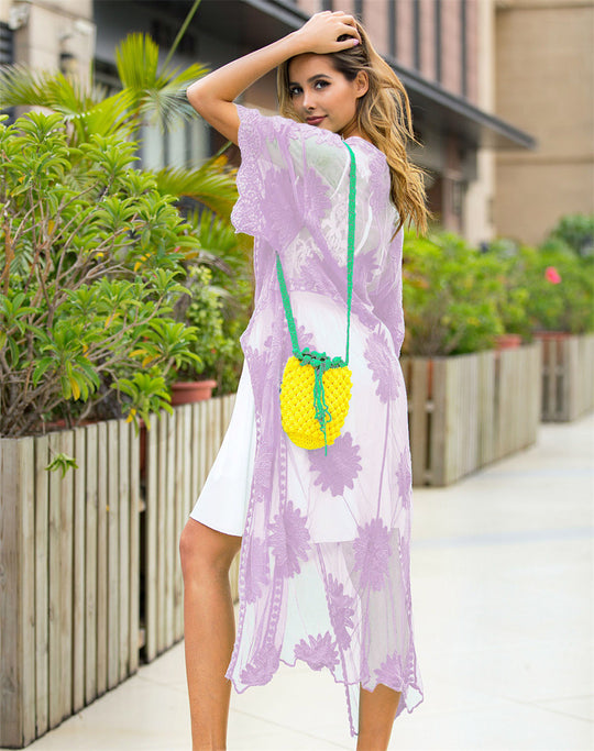 Damen elegante Häkel-Strandrobe mit floralen Details und tiefem V-Ausschnitt R&B