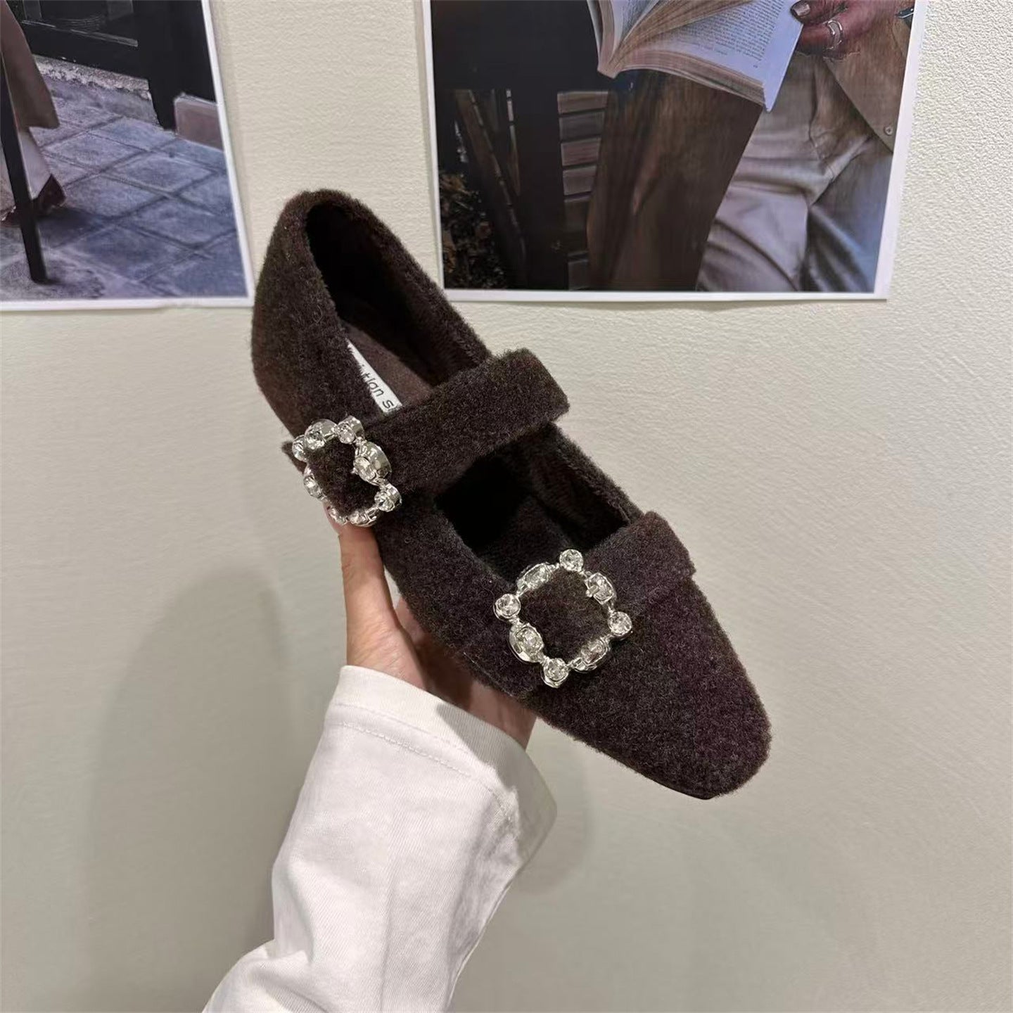 Damen elegante Filz-Mary Jane Schuhe mit schimmernden Schnallen R&B