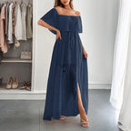 Damen Off-Shoulder Maxikleid mit feinem Punktedesign und Taillenbindung R&B