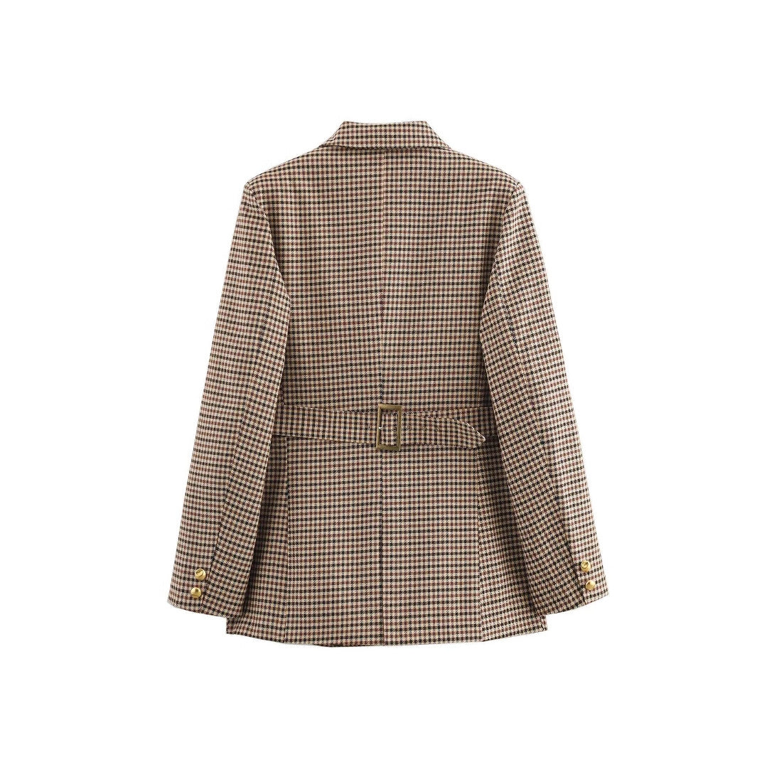 Damen elegante karierte Blazerjacke mit Goldknöpfen R&B