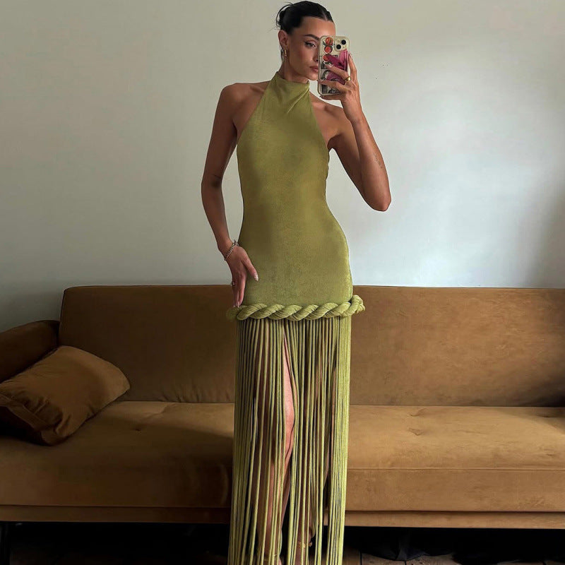 Damen Freizeitkleid mit Bambus-Borten und schimmerndem Stoff R&B