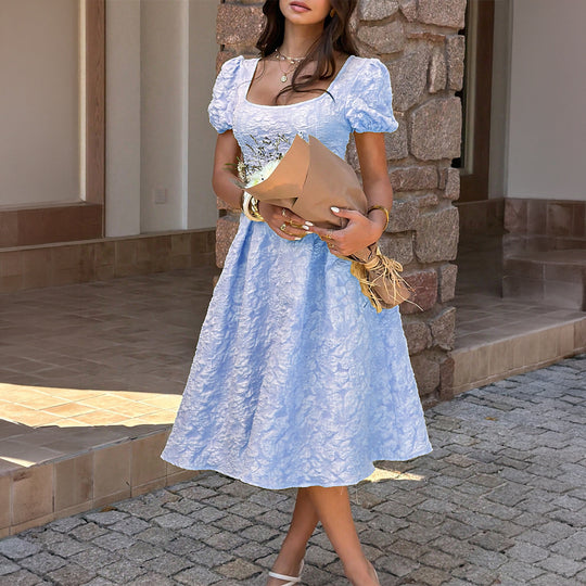 Damen Midi-Kleid mit Puffärmeln und detailliertem Strukturdesign R&B