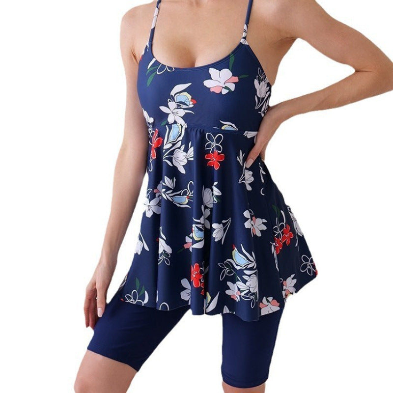 Damen Badeanzug mit floralem Rock-Design und sportlichen Shorts R&B