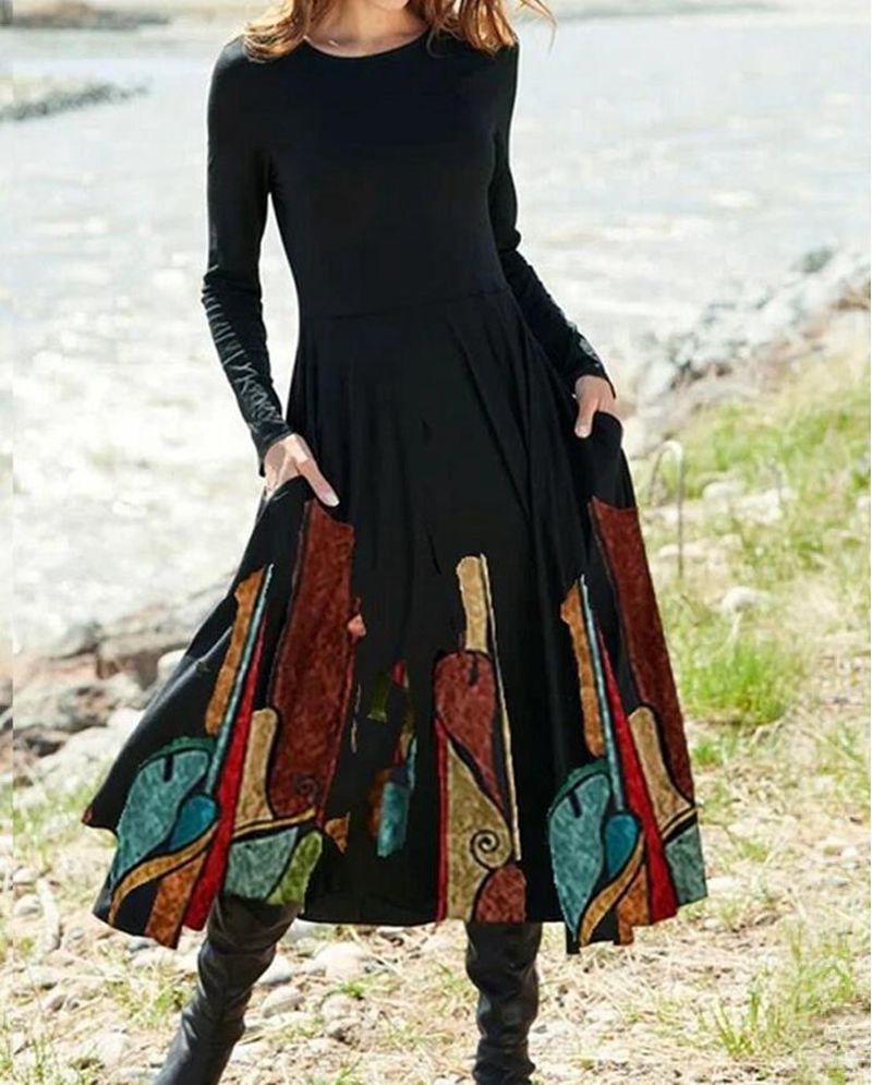 Damen nan A-Linien-Midikleid mit abstraktem Spritzmuster, Rundhalsausschnitt, langen Ärmeln und Eingrifftaschen R&B