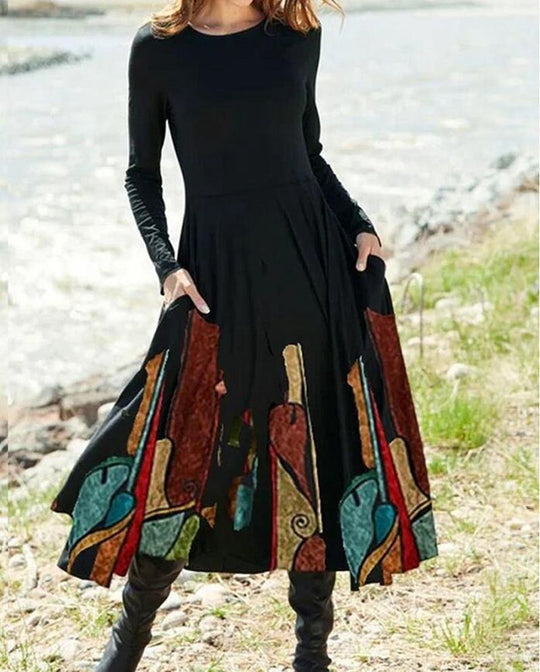Damen nan A-Linien-Midikleid mit abstraktem Spritzmuster, Rundhalsausschnitt, langen Ärmeln und Eingrifftaschen R&B
