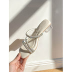 Damen elegante Sandalen mit funkelnden Strassverzierungen und transparentem Absatz R&B