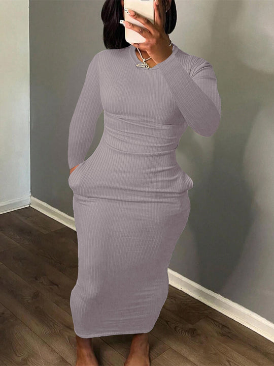 Damen Figurbetontes Rippkleid mit langem Arm und eleganter Silhouette R&B