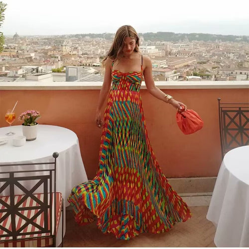 Damen Maxikleid mit auffälligem geometrischen Muster und verstellbaren Spaghetti-Trägern R&B