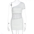 Damen Einseitig Träger Mini-Kleid mit Spitzenbund und Raffungen R&B