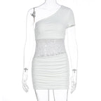 Damen Einseitig Träger Mini-Kleid mit Spitzenbund und Raffungen R&B