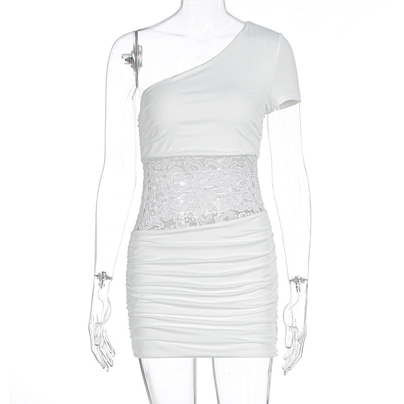 Damen Einseitig Träger Mini-Kleid mit Spitzenbund und Raffungen R&B