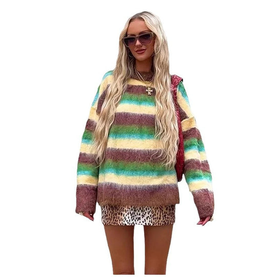 Damen Oversized Strickpullover mit farbenfrohen Streifen R&B