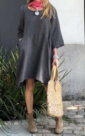 Damen lässiges Leinenkleid mit praktischen Taschen und asymmetrischem Saum R&B