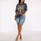 Damen Ripped Denim Shorts mit regulierbarem Bund und modischen Zierflicken R&B