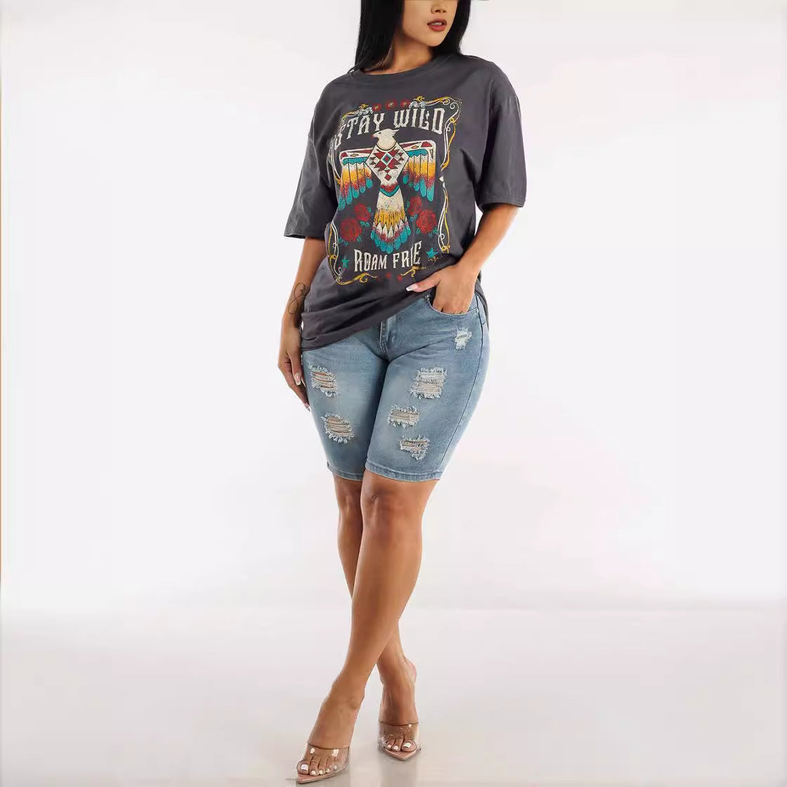 Damen Ripped Denim Shorts mit regulierbarem Bund und modischen Zierflicken R&B