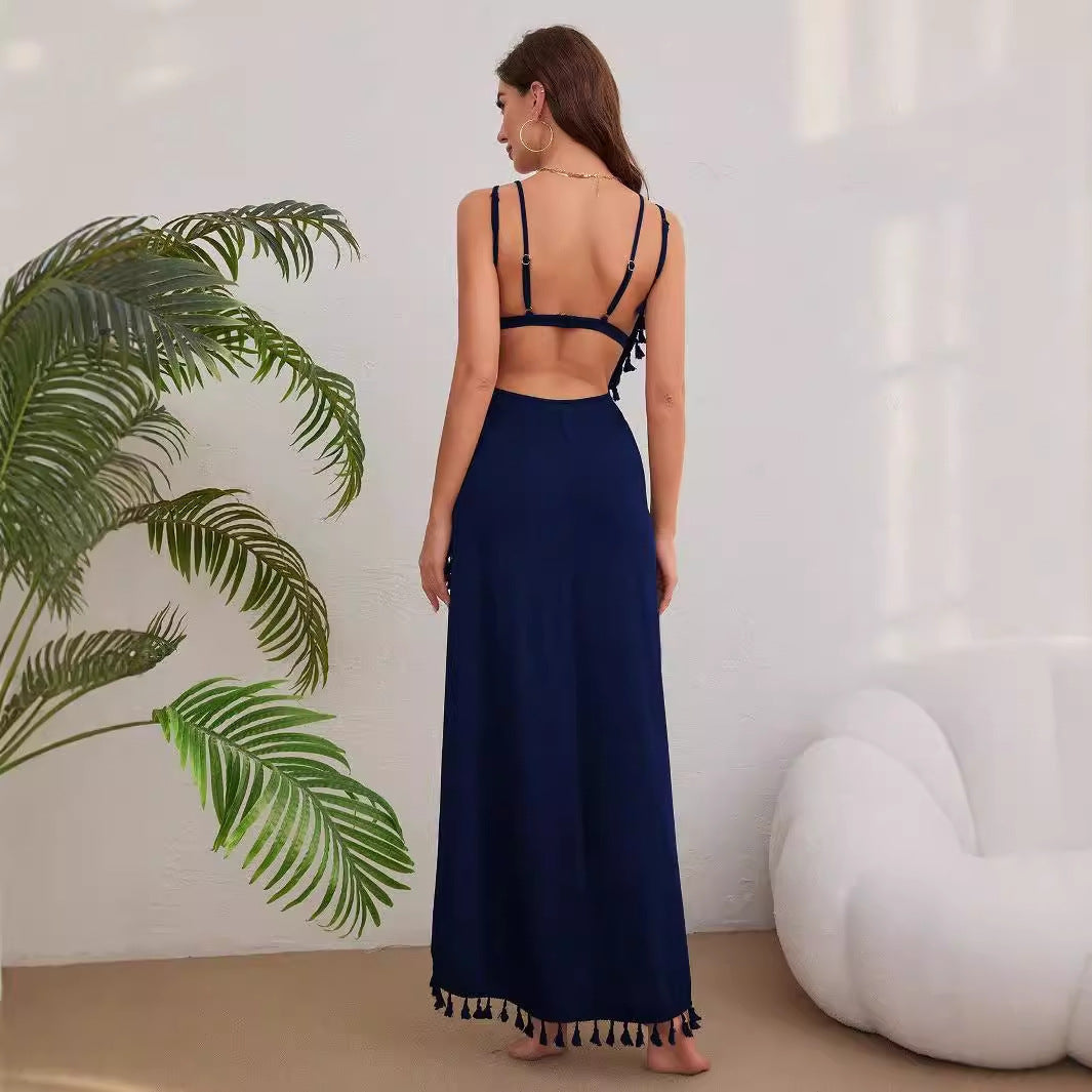 Damen Elegantes Maxikleid mit verspielten Quasten und hohem Beinschlitz R&B