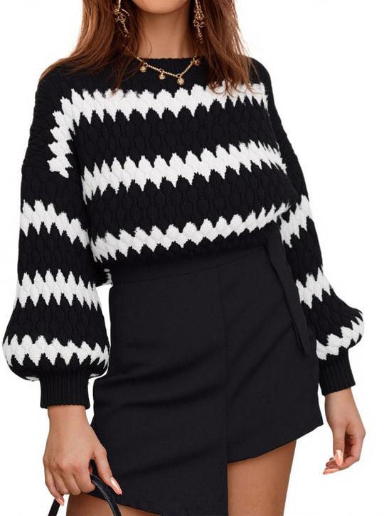 Damen Grobstrickpullover mit auffälligem Wellenmuster und lässigem Schnitt R&B