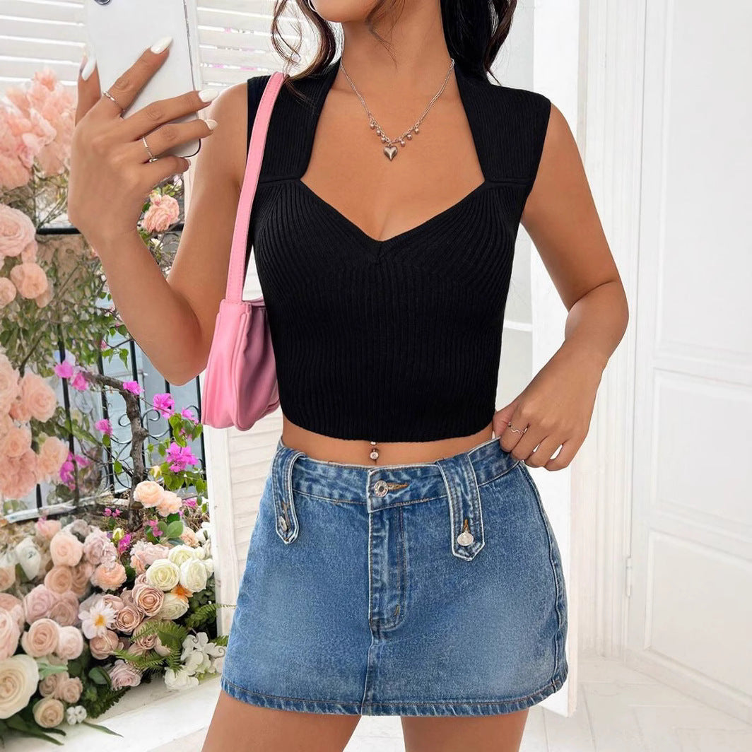 Damen Elegantes Crop-Top mit V-Ausschnitt und feiner Rippenstruktur R&B