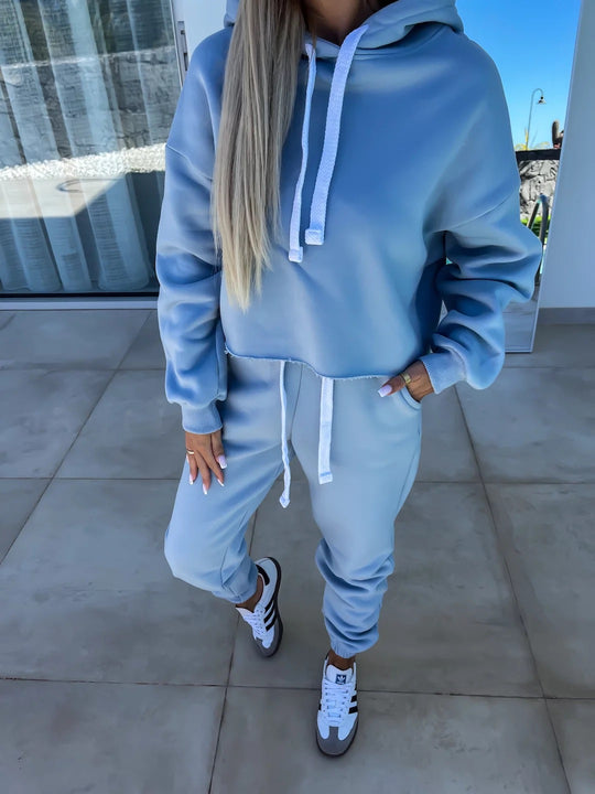 Damen modernes Hoodie-Jogginganzug-Set mit elastischem Bund und Kontrastdetails R&B