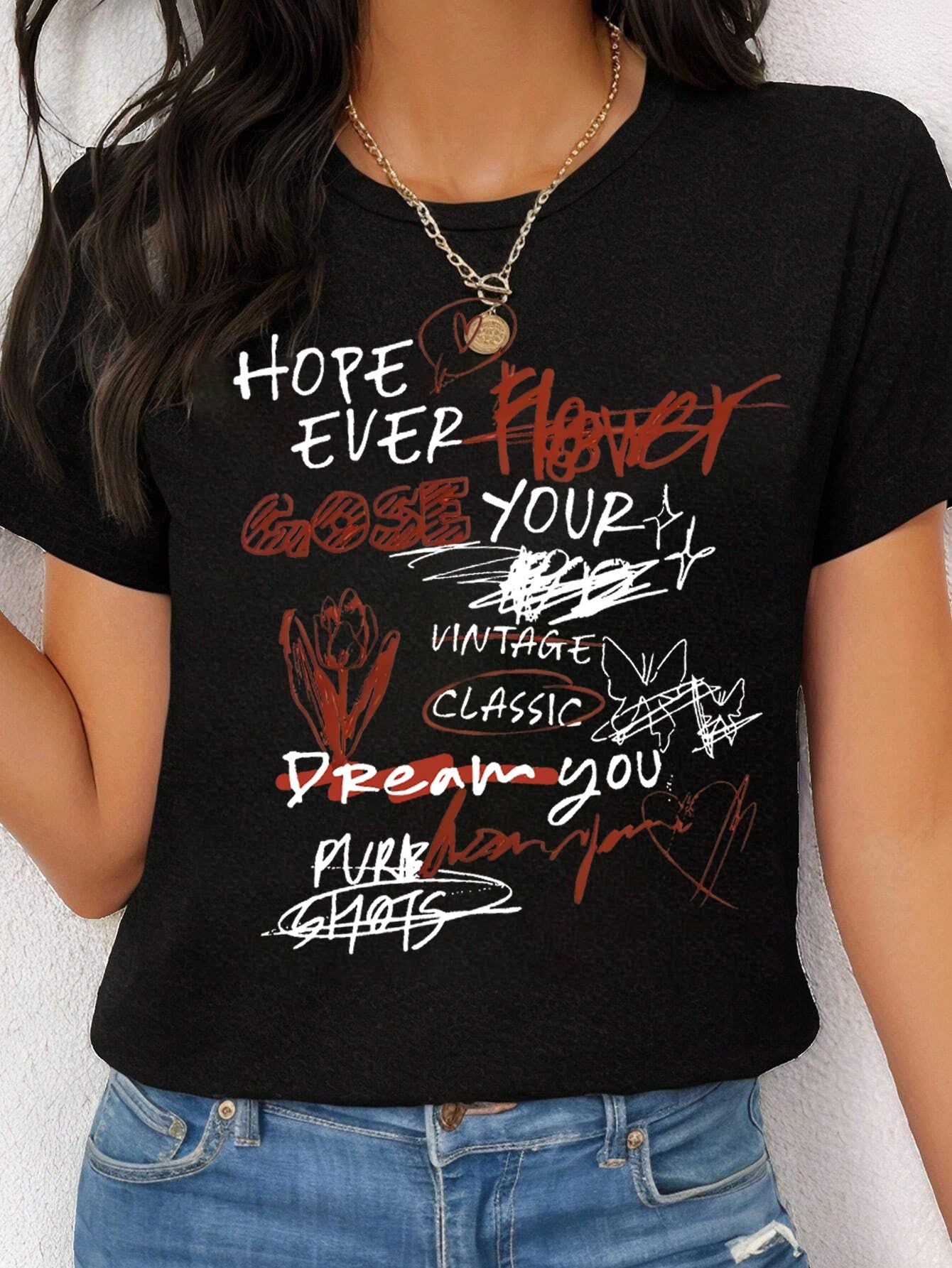 Damen lässiges Statement T-Shirt mit kreativem Print R&B