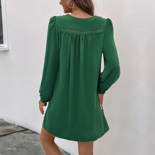 Damen geschnittenes V-Ausschnitt Kleid mit eleganten Puffärmeln und schwingendem Saum R&B