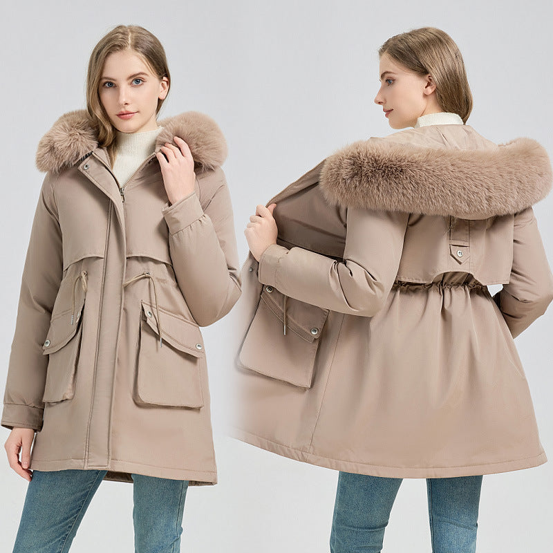 Damen Modische Pufferjacke mit abnehmbarem Kunstpelzkragen und funktionalen Taschen R&B
