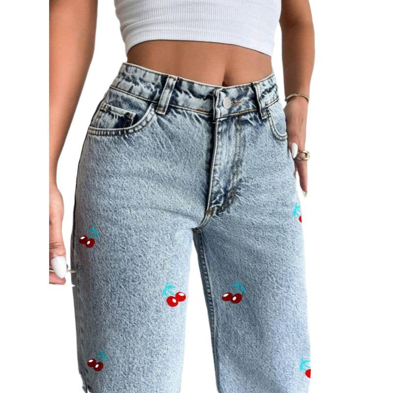 Damen Weit geschnittene Jeans im fruchtigem Stickdesign R&B