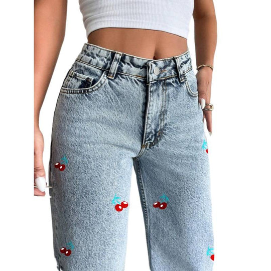 Damen Weit geschnittene Jeans im fruchtigem Stickdesign R&B