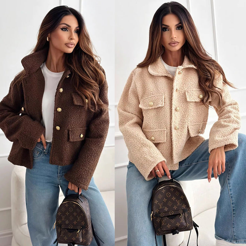 Damen kuschelige Teddyjacke mit modernem Schnitt und großen Taschen R&B