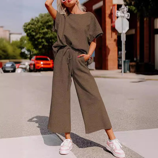 Damen lässiges Jumpsuit-Set aus weichem Material mit elastischem Bund und weit geschnittenen Beinen R&B